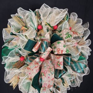 Cream & Green Christmas Wreath – hand-made artificial wreath by Shamitay