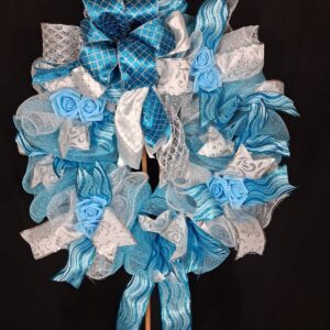 Turquoise, ice blue and silver deco mesh wreath with light blue roses and a turquoise plaid bow – hand-made artificial wreath by Shamitay