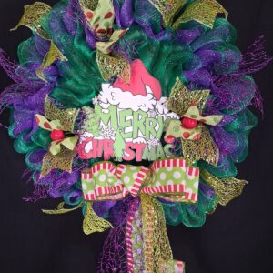 Teal and purple deco mesh Christmas wreath with gold glitter leaves, polka-dot ribbons and a pink Santa hat Merry Christmas sign – hand-made artificial wreath by Shamitay