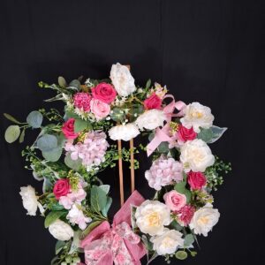 Pink and cream peony floral wreath with fuchsia roses, pale pink hydrangeas and a pink burlap floral bow – hand-made artificial wreath by Shamitay