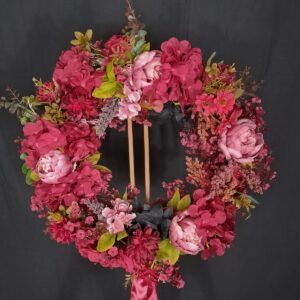 Burgundy and magenta floral wreath with dusty pink peonies and a wine satin ribbon – hand-made artificial wreath by Shamitay