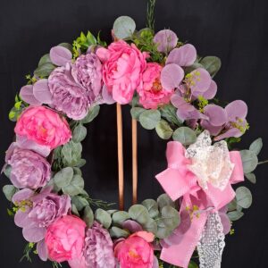 Hot pink and lavender peony wreath with eucalyptus foliage and a pink polka-dot lace bow – hand-made artificial wreath by Shamitay