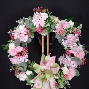 Blush pink and sage floral wreath with cream roses, pink hydrangeas and a floral sage ribbon bow – hand-made artificial wreath by Shamitay