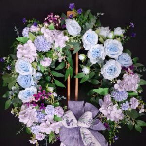 Blue rose and lavender wreath with purple accents and a butterfly-print bow – hand-made artificial wreath by Shamitay