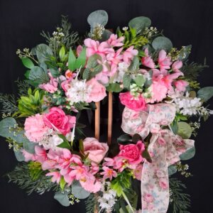 Pink rose and blossom floral wreath with magenta accents and a cream vintage floral ribbon – hand-made artificial wreath by Shamitay