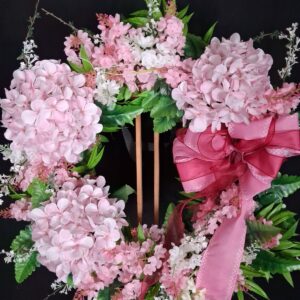 Soft pink hydrangea wreath with pink and white blossoms and a light pink ribbon bow – hand-made artificial wreath by Shamitay