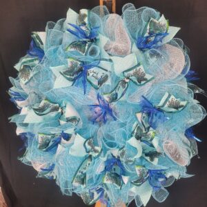 Aqua and royal blue peacock deco mesh wreath with peacock-print and polka-dot ribbons – hand-made artificial wreath by Shamitay