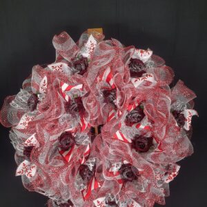 Red and silver snowflake deco mesh wreath with glittered burgundy roses and candy-cane ribbon – hand-made artificial wreath by Shamitay