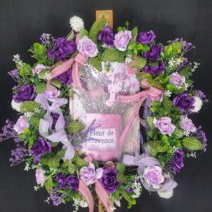 Purple and pink Fleur de Provence floral wreath with watering-can centre sign and gingham ribbons – hand-made artificial wreath by Shamitay