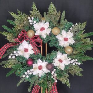 White poinsettia Christmas wreath with buffalo plaid bow, gold baubles and frosted berries – hand-made artificial wreath by Shamitay