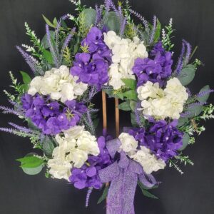 Sparkling purple and white hydrangea wreath with lavender accents and a purple glitter bow – hand-made artificial wreath by Shamitay